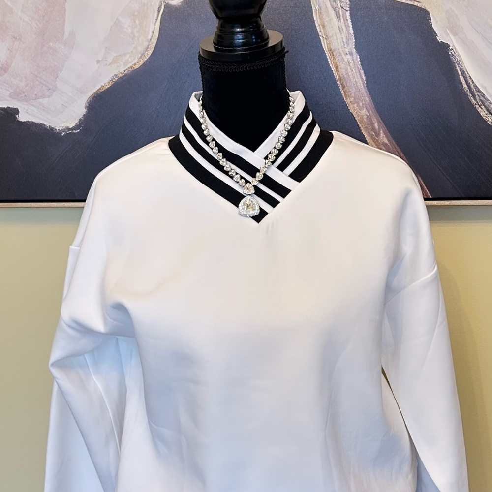 White V-Neck Sweatshirt with Black Stripes